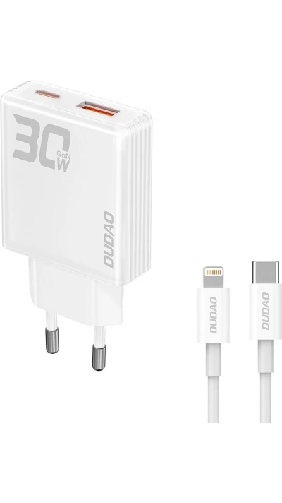 Dudao A30EUT 30W USB-A / USB-C GaN Wandladegerät mit USB-C auf Lightning Kabel für iPhone - Weiss