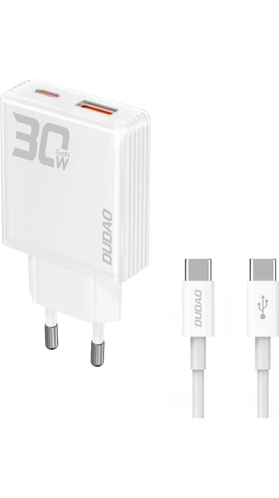 Pack GaN Dudao A30EUT 30W USB-A / USB-C Wandladegerät mit USB-C zu USB-C Kabel Schnellladeadapter - Weiss