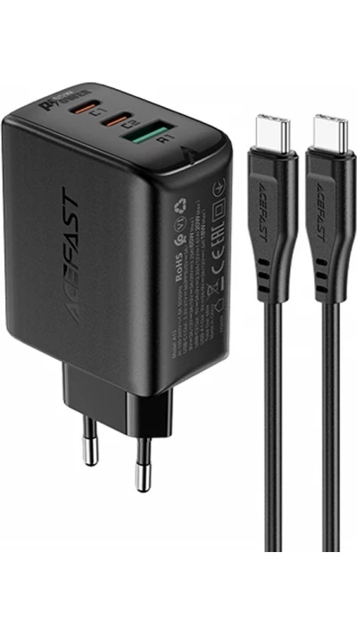 65W Schnellladegerät USB-C / USB-A PD QC 3.0 mit USB-C Kabel (1,2 m) - Schwarz