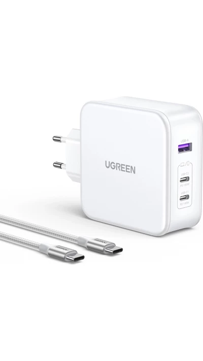 Ugreen Nexode CD289 140W GaN Wandladegerät und Kabel - 1,5m USB-C auf USB-C, 2xUSB-C, USB-A - Weiss