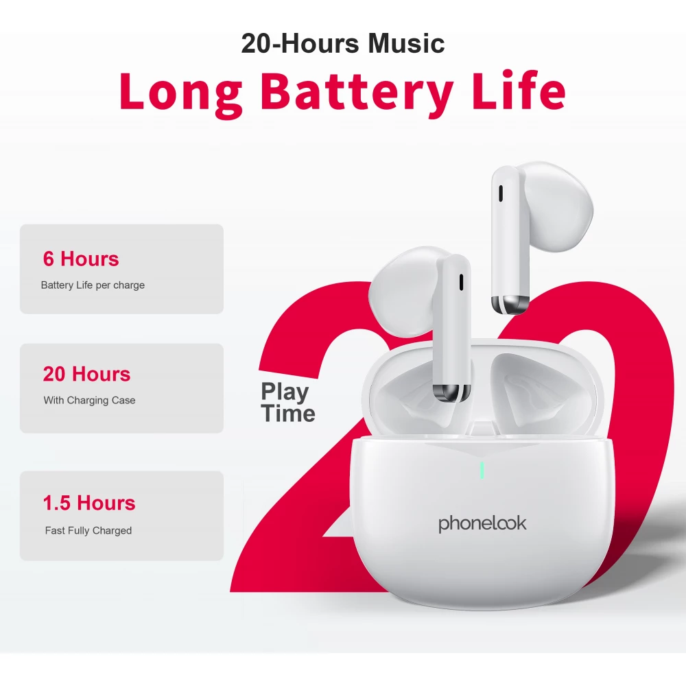 PhoneLook Pods 2 - Ecouteurs Bluetooth 5.3 sans fil TWS In-Ear ENC + boîte de chargement - Blanc