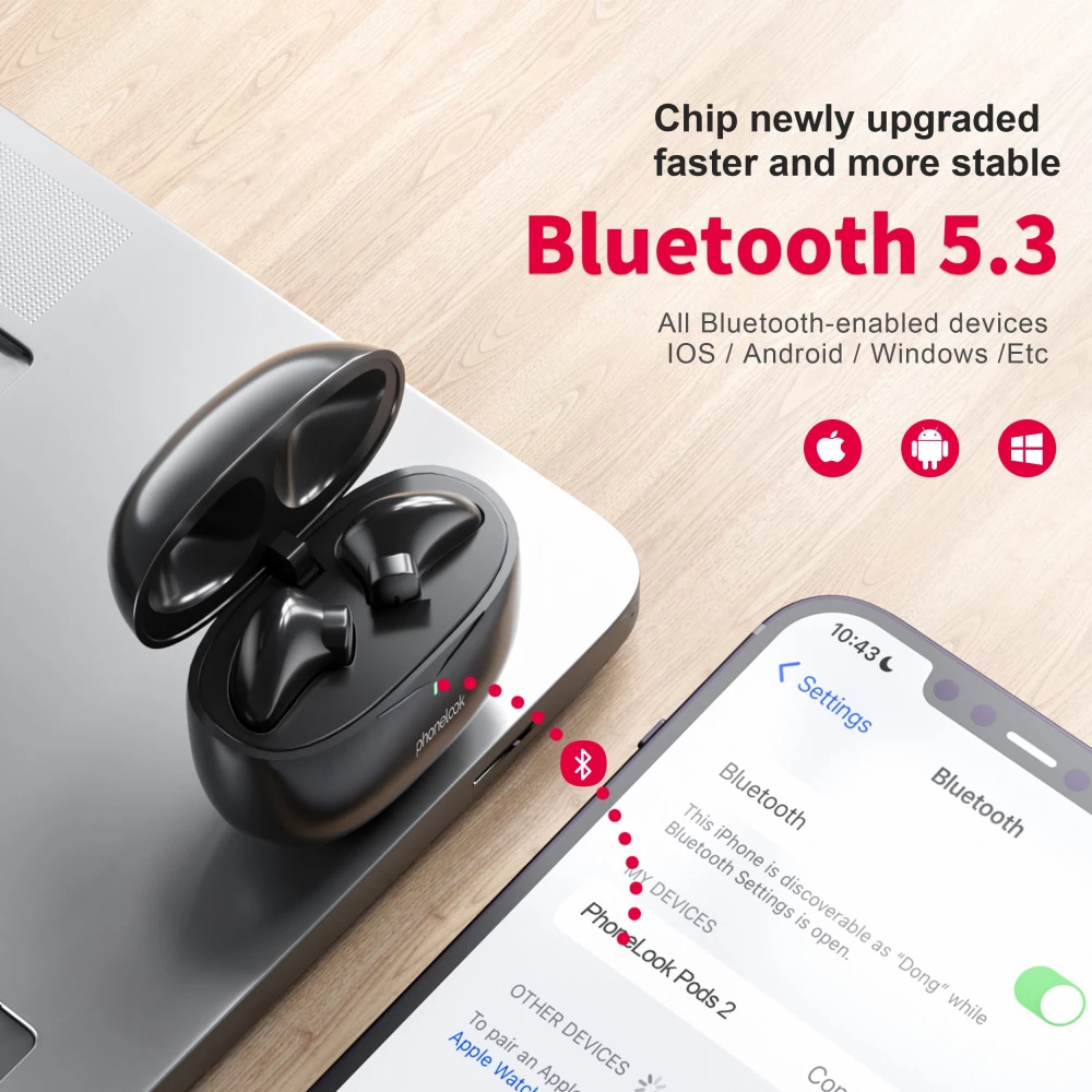 PhoneLook Pods 2 - Ecouteurs Bluetooth 5.3 sans fil TWS In-Ear ENC + boîte de chargement - Noir