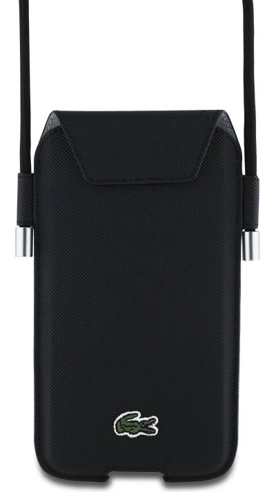 Pochette étui téléphone Lacoste avec rabat et lanière XL Petit Piqué Iconique - Noir