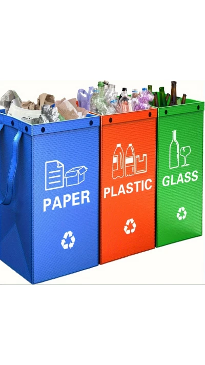 3-in-1 Faltbare Müllsäcke mit 3 Farben für Abfalltrennung (Papier / Plastik / Glas)