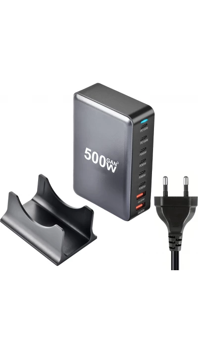 Schnellladegerät 500W 8 USB PD Quick Charge 3.0 USB-C mit Kabel CH/EU Stecker LED-Anzeige - Grau